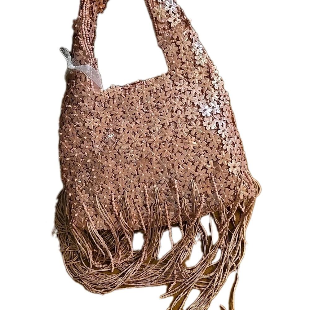 NWT Pink Floral Viral‎ Beaded Fringe Handcrafted Made India Womans Purse Handbag - Picture 4 of 6